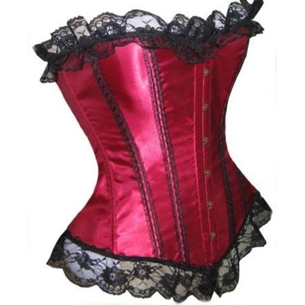 Red Wine Satin Black Lace Ruffled Corset Set - NEW